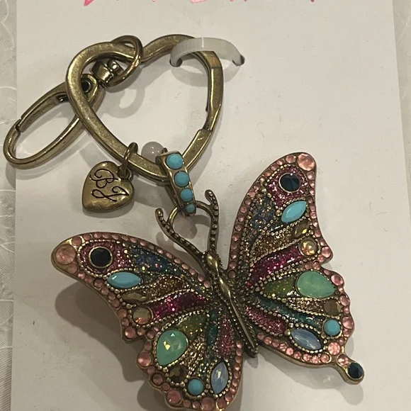 Betsey Johnson Butterfly Bag Charm Crystal Accents NWT Burnished Gold Tone Boho - Picture 1 of 8
